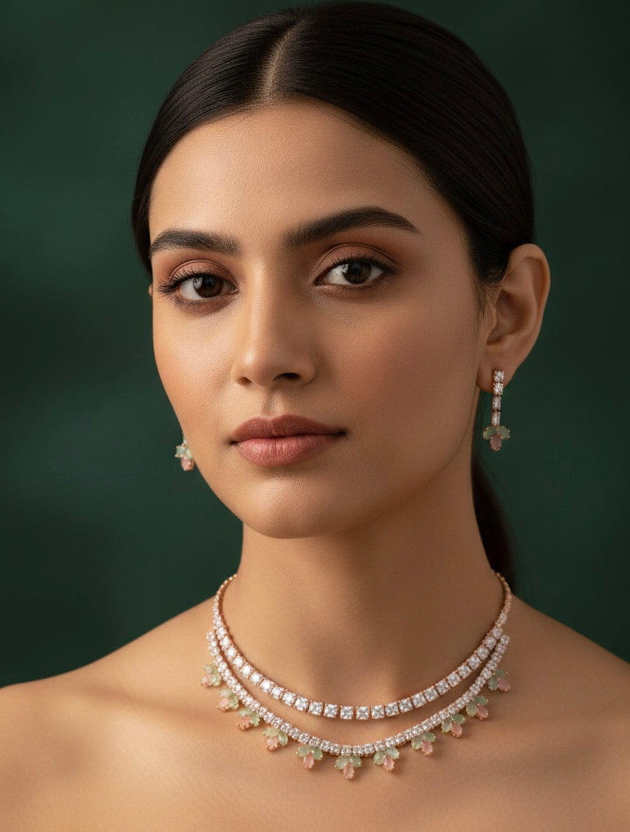 American Diamond Layered Necklace With Earrings