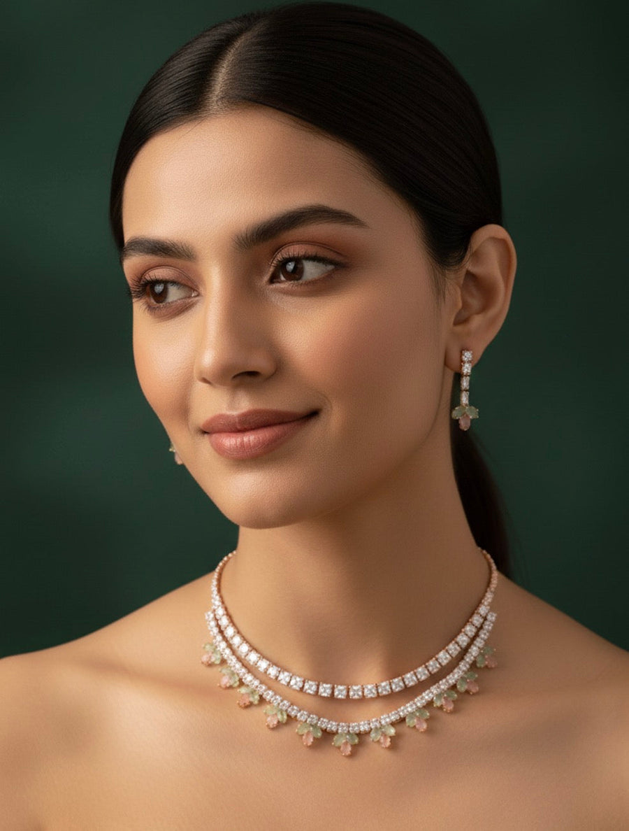 American Diamond Layered Necklace With Earrings