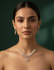 Rose Gold Plated Diamond Layered Necklace With Earrings