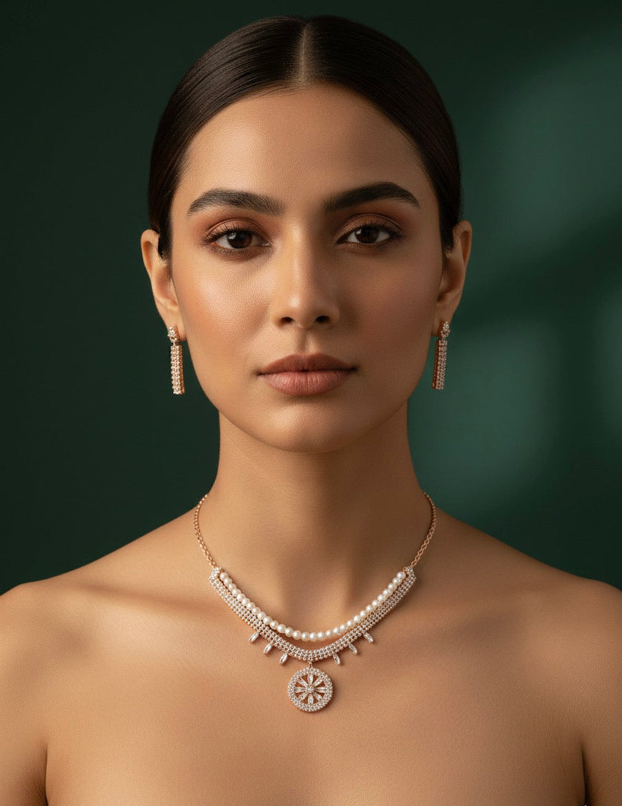 Rose Gold Plated Diamond Layered Necklace With Earrings