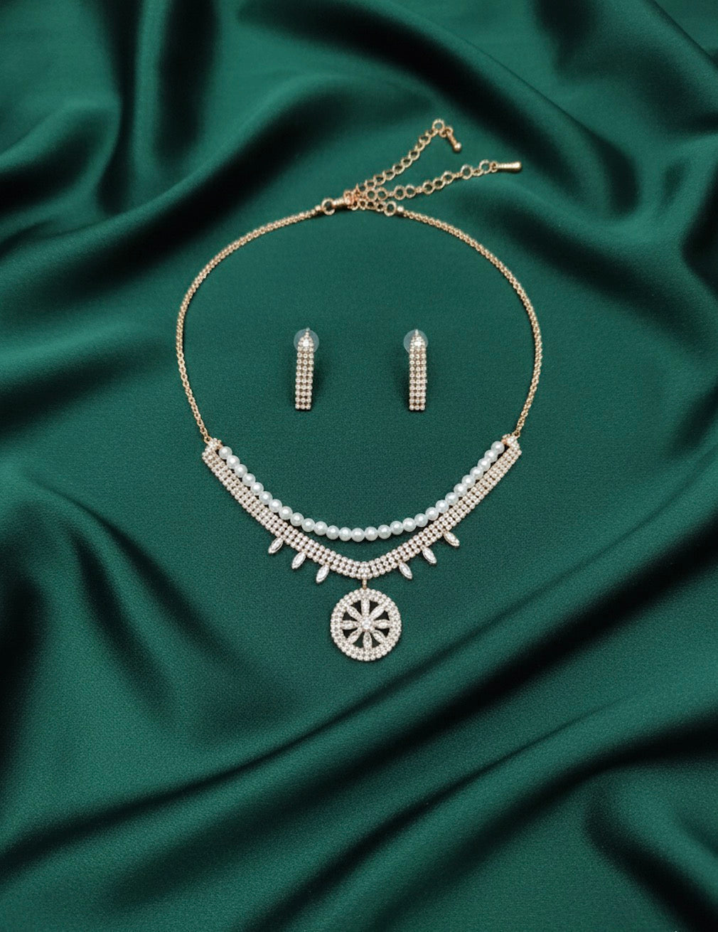 Rose Gold Plated Diamond Layered Necklace With Earrings