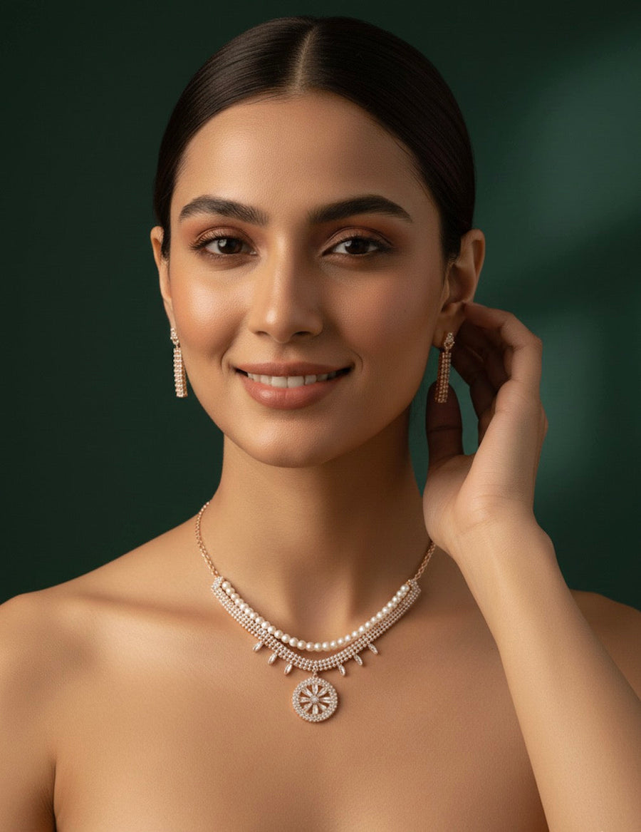 Rose Gold Plated Diamond Layered Necklace With Earrings