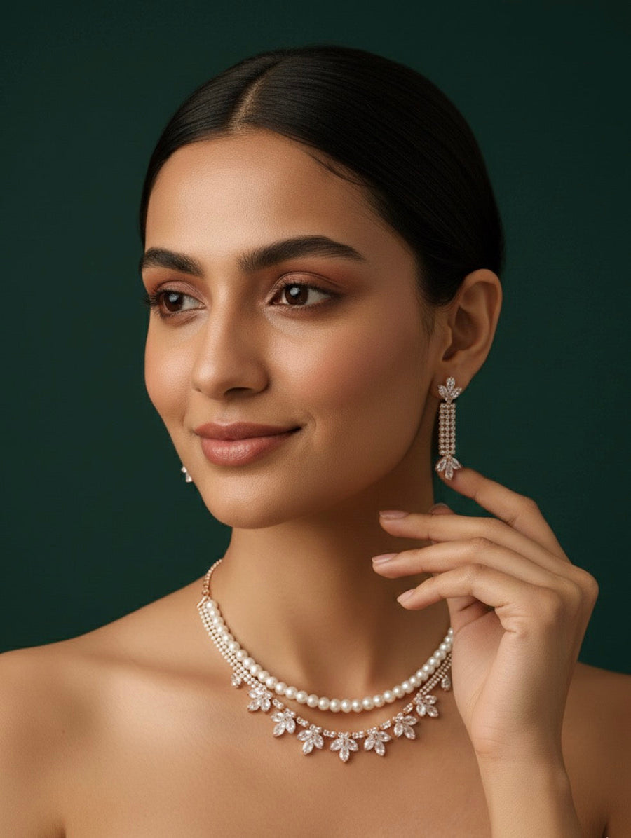 American Diamond Layered Necklace With Earrings