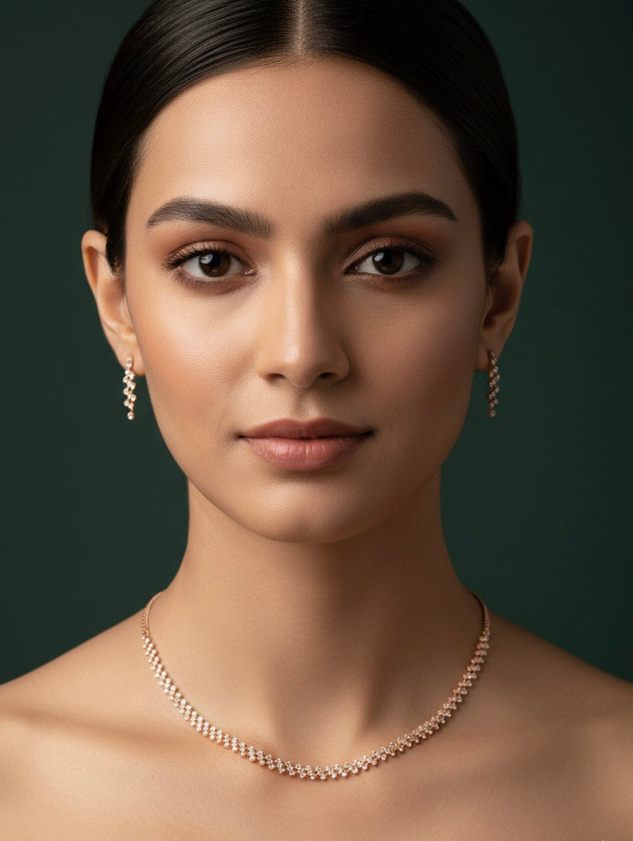 Elegant Rose Gold Plated Necklace With Earrings