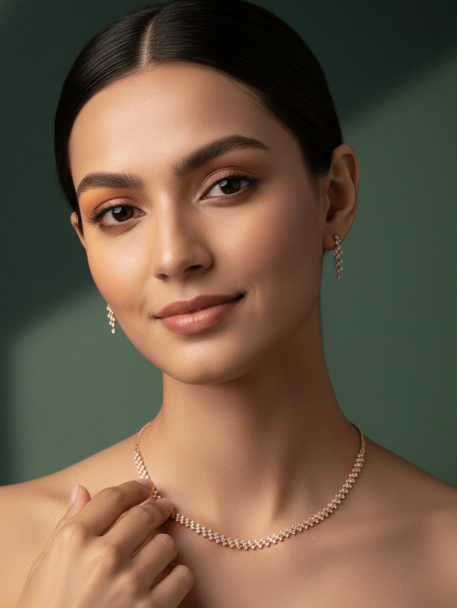Elegant Rose Gold Plated Necklace With Earrings