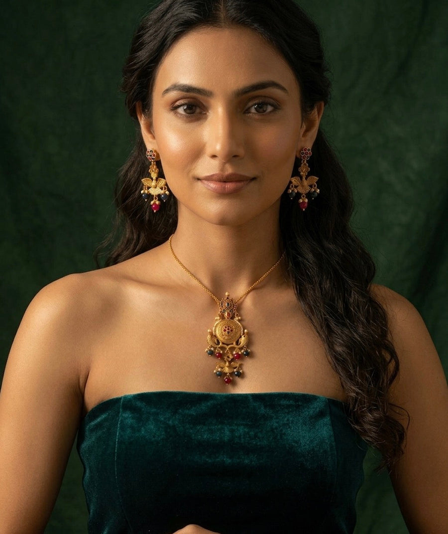 Gold Plated Antique Design Necklace With Earrings
