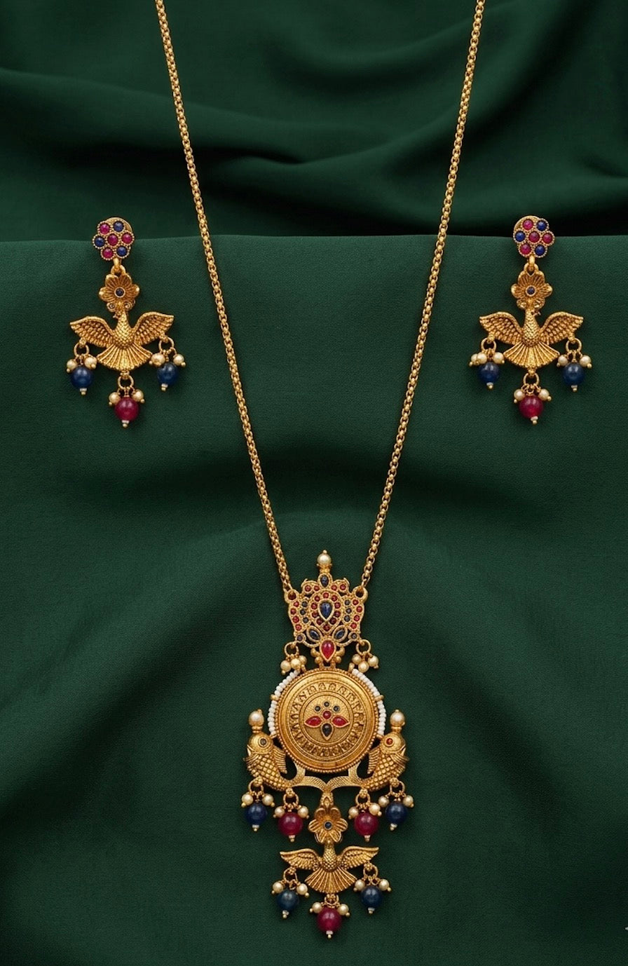 Gold Plated Antique Design Necklace With Earrings