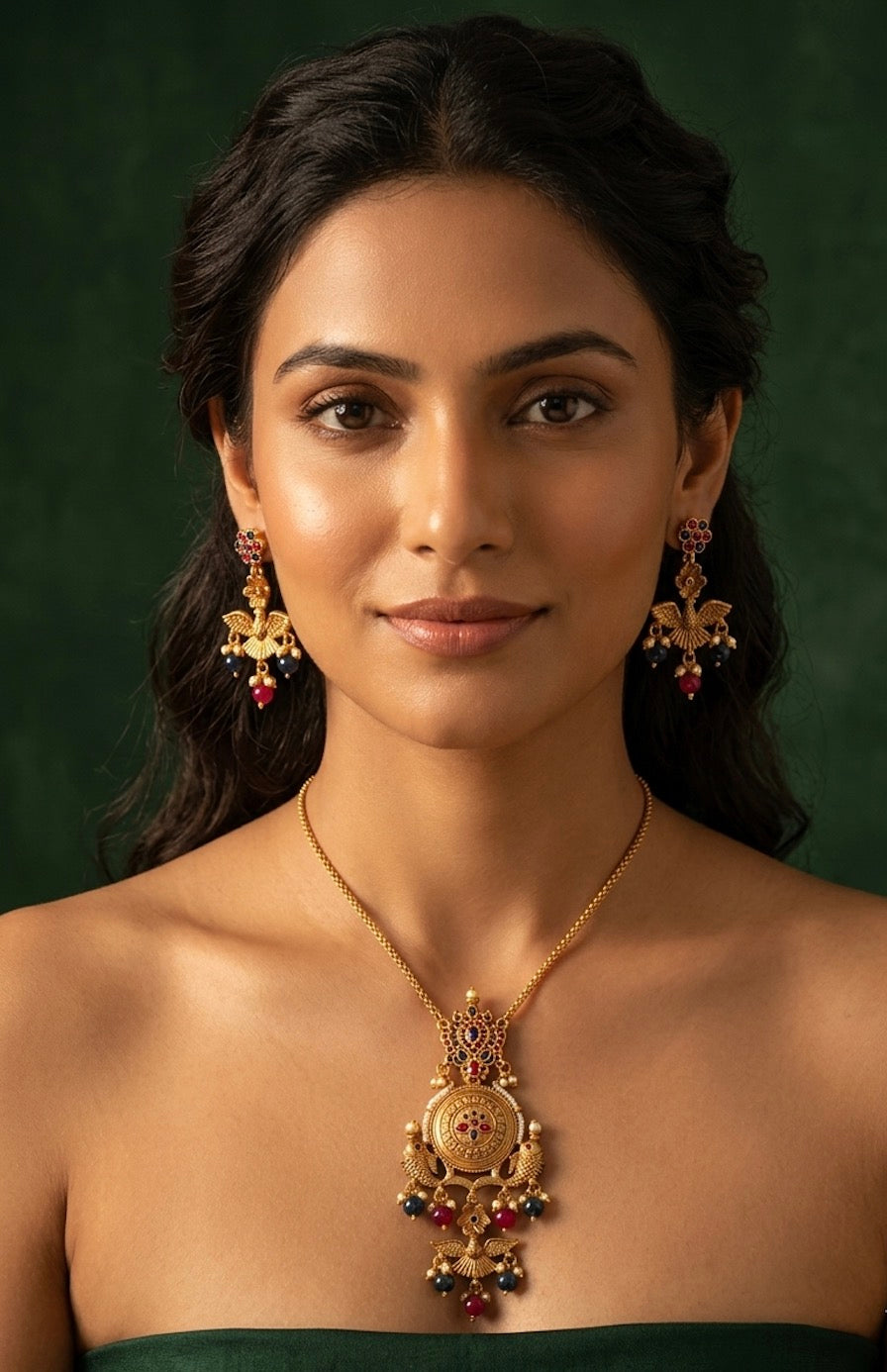 Gold Plated Antique Design Necklace With Earrings