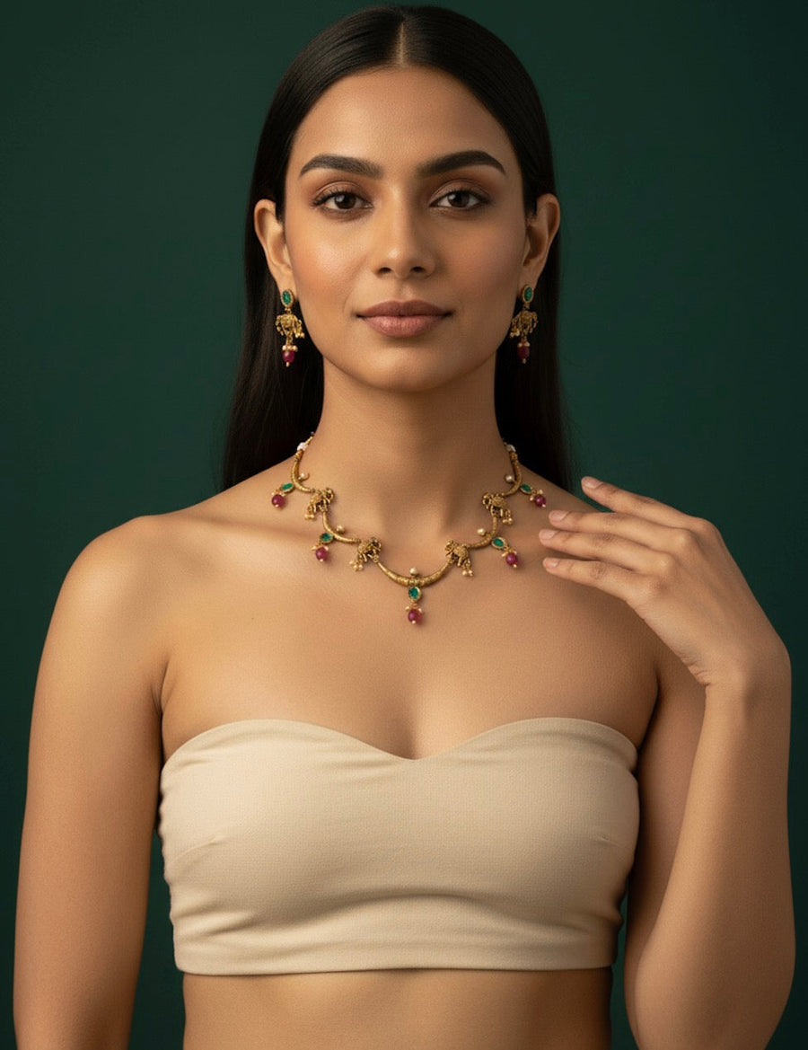 Gold Plated Hathi Design Treditional Necklace & Earrings