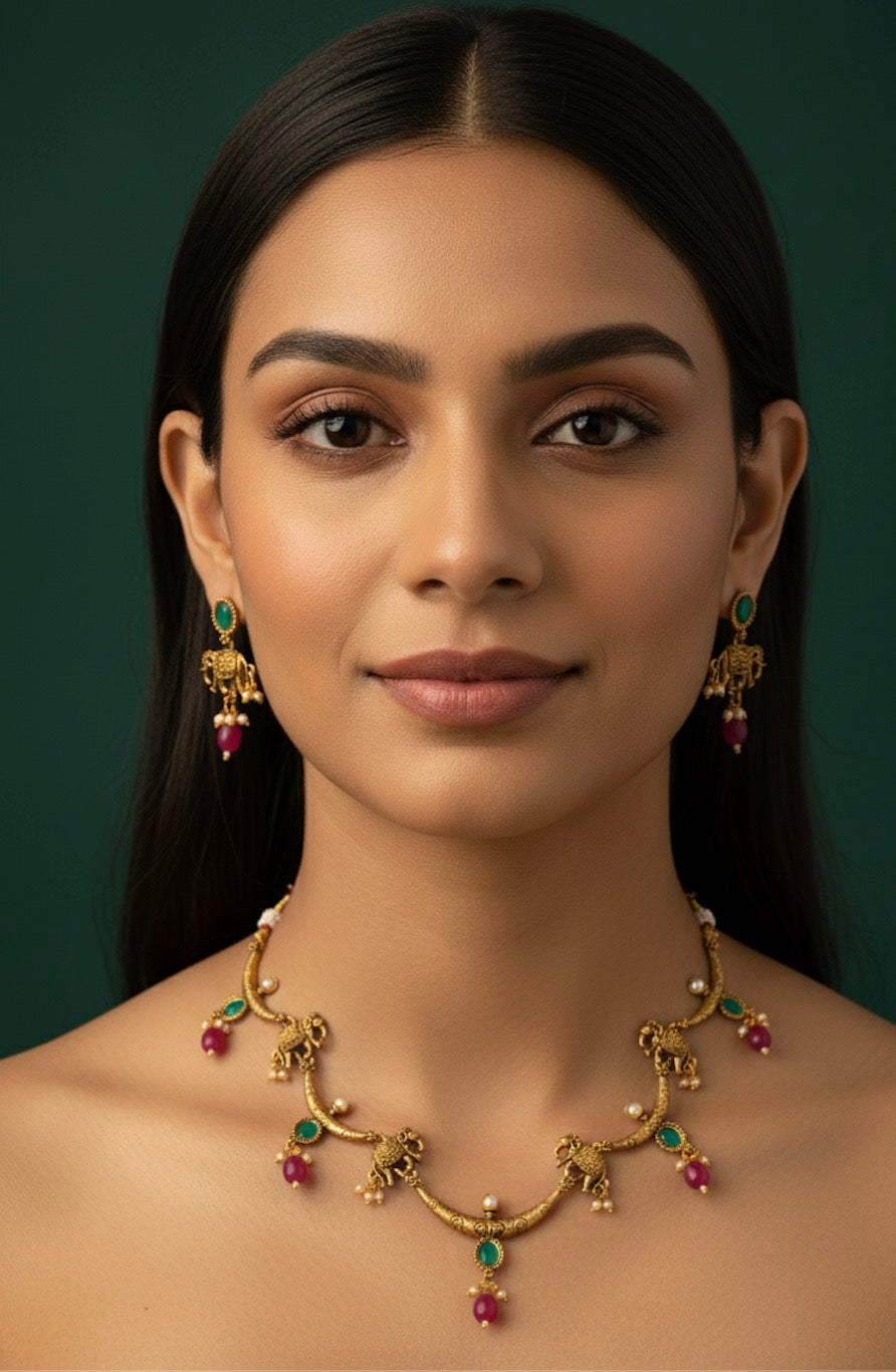 Gold Plated Hathi Design Treditional Necklace & Earrings