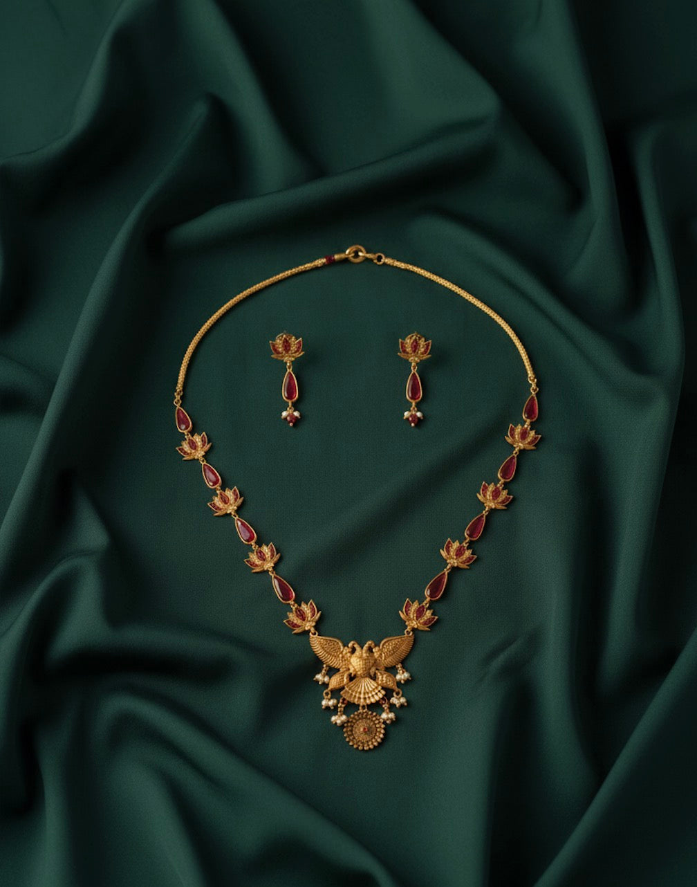 Gold Plated Lotus Design Treditional Necklace & Earrings