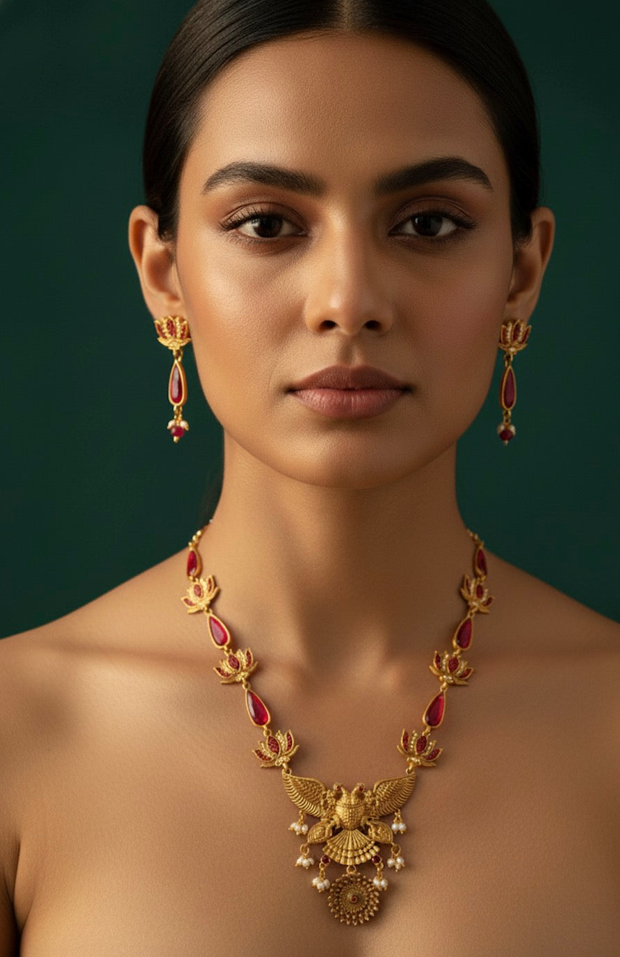 Gold Plated Lotus Design Treditional Necklace & Earrings