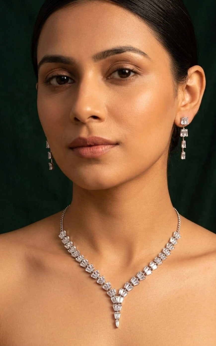Silver Plated Antique Design Diamond Necklace With Earrings