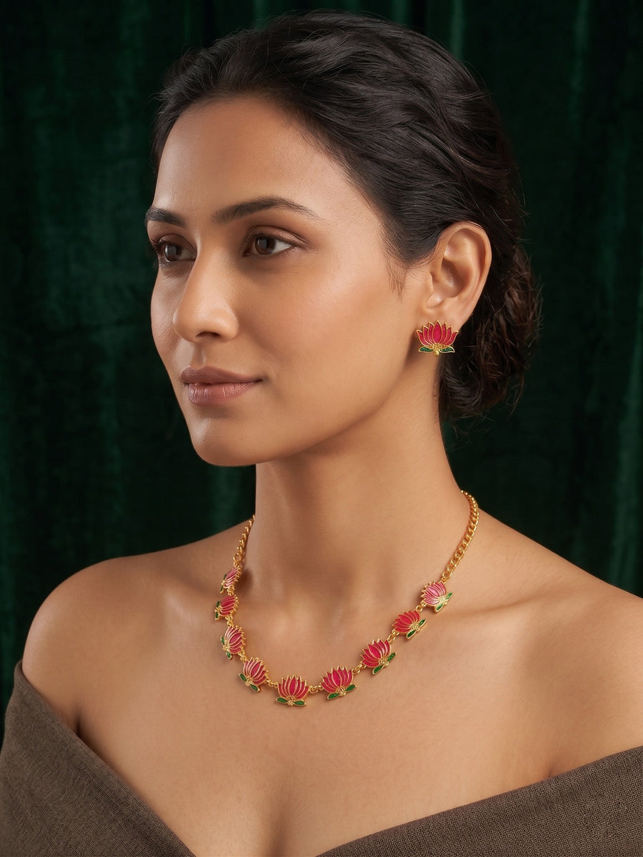 Gold Plated Treditional Lotus Necklace & Earrings
