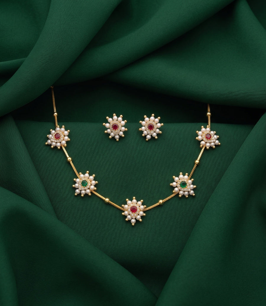 Gold-Toned Pearl Beaded Necklace with Matching Studs for Women