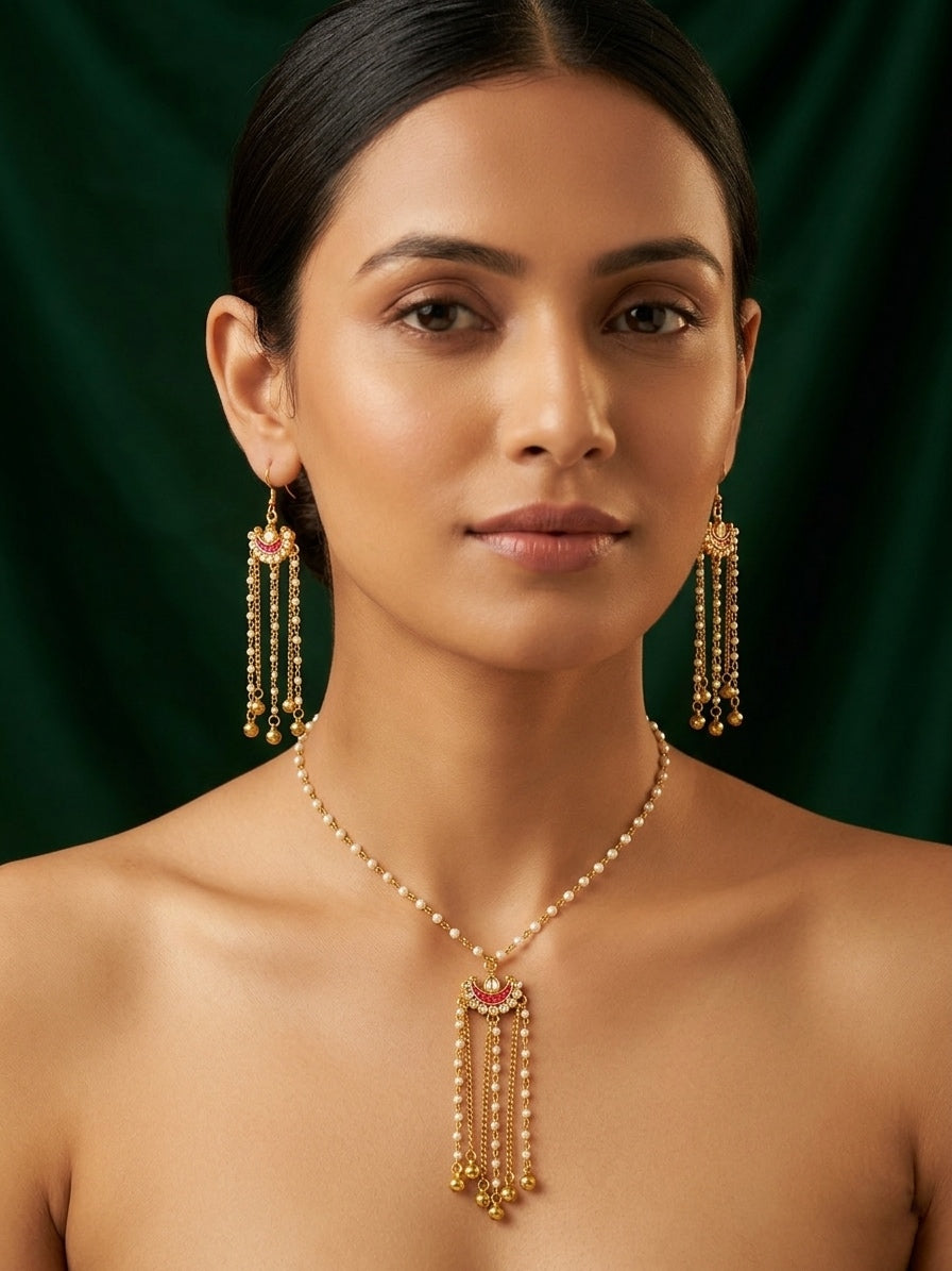 Gold-Toned Pearl Chain Necklace with Tassel Pendant & Matching Long Earrings Set for Women