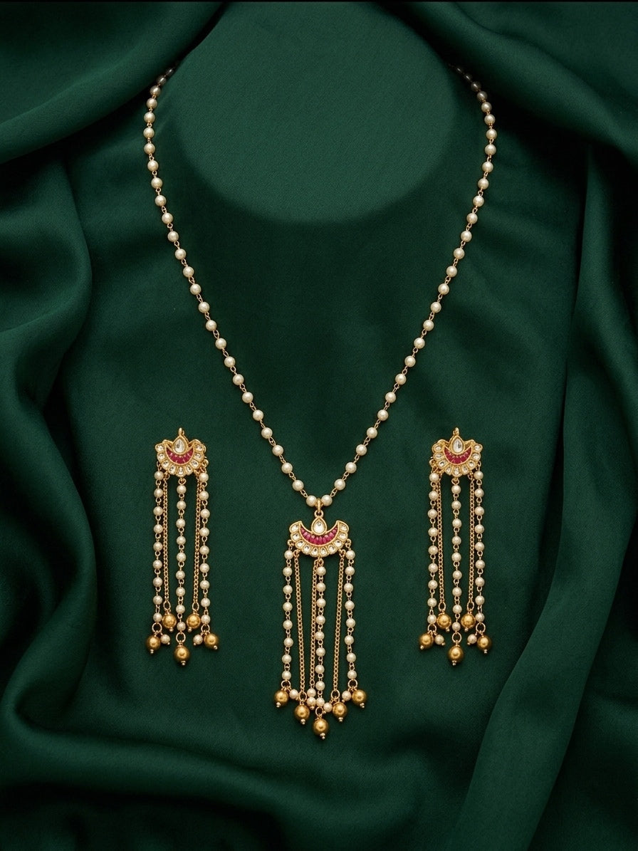 Gold-Toned Pearl Chain Necklace with Tassel Pendant & Matching Long Earrings Set for Women