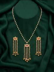 Gold-Toned Pearl Chain Necklace with Tassel Pendant & Matching Long Earrings Set for Women