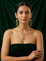 Gold-Toned Pearl Chain Necklace with Tassel Pendant & Matching Long Earrings Set for Women