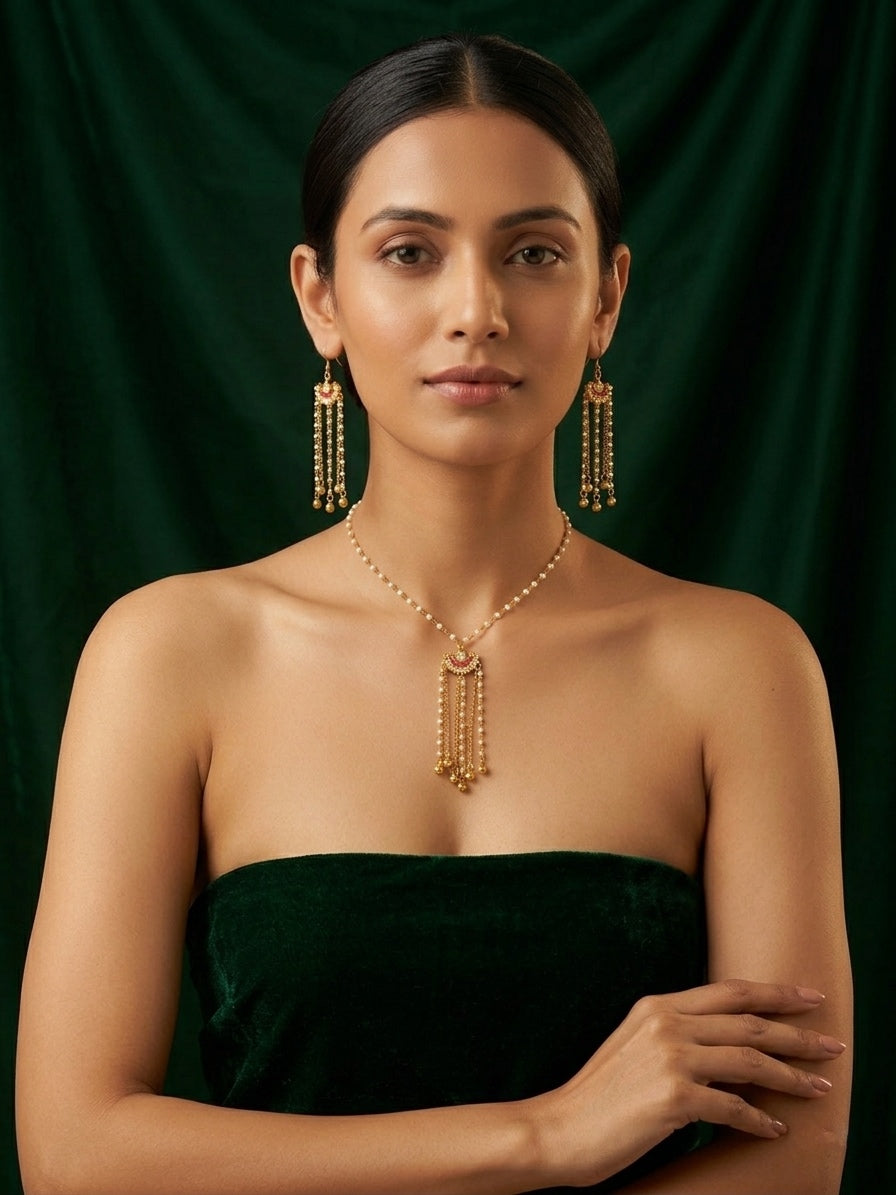 Gold-Toned Pearl Chain Necklace with Tassel Pendant & Matching Long Earrings Set for Women