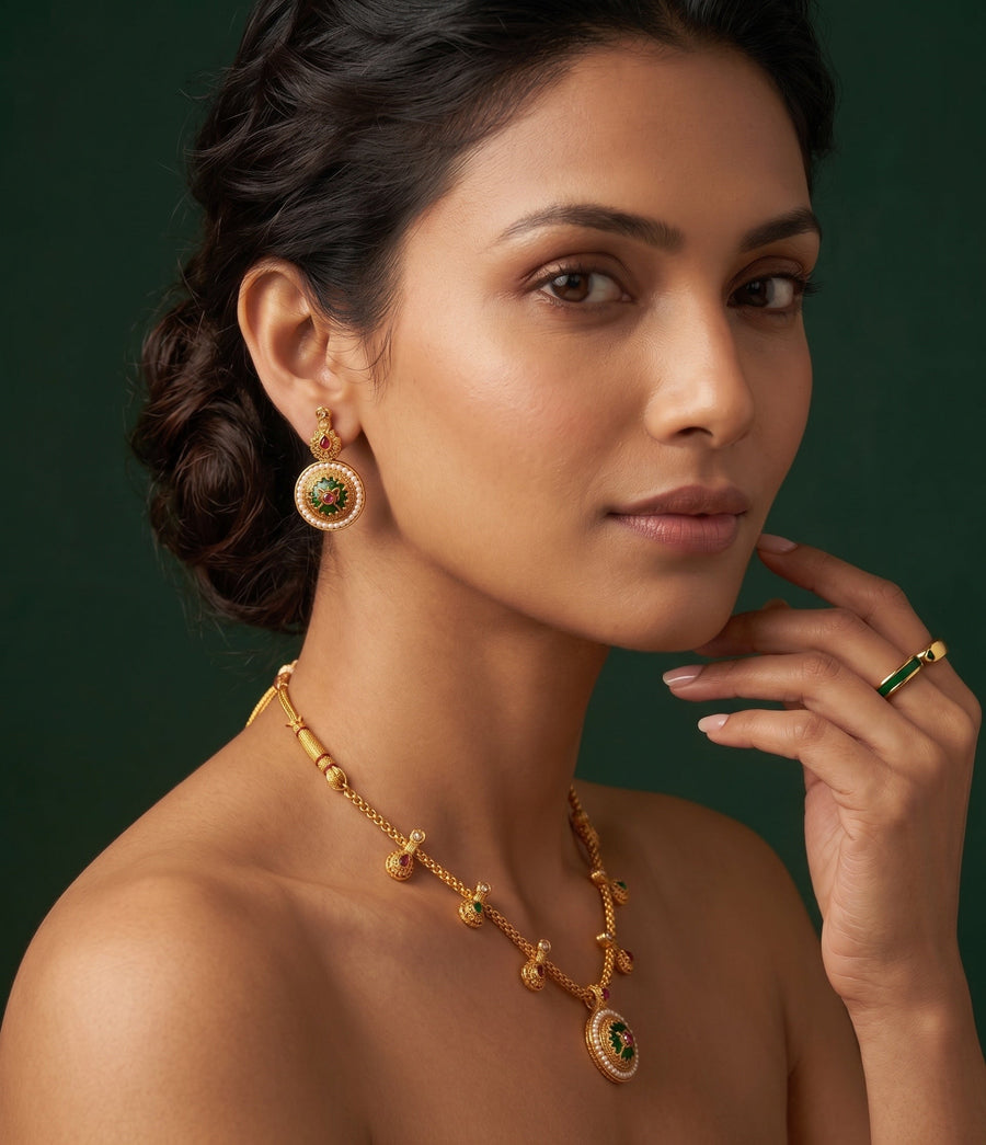 Gold Plated Treditional Choker Necklace & Earrings