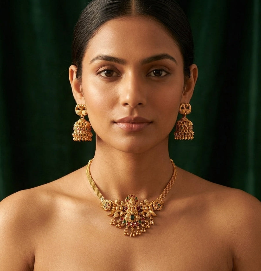 Gold Plated Indo-western Design Necklace With Jhumka