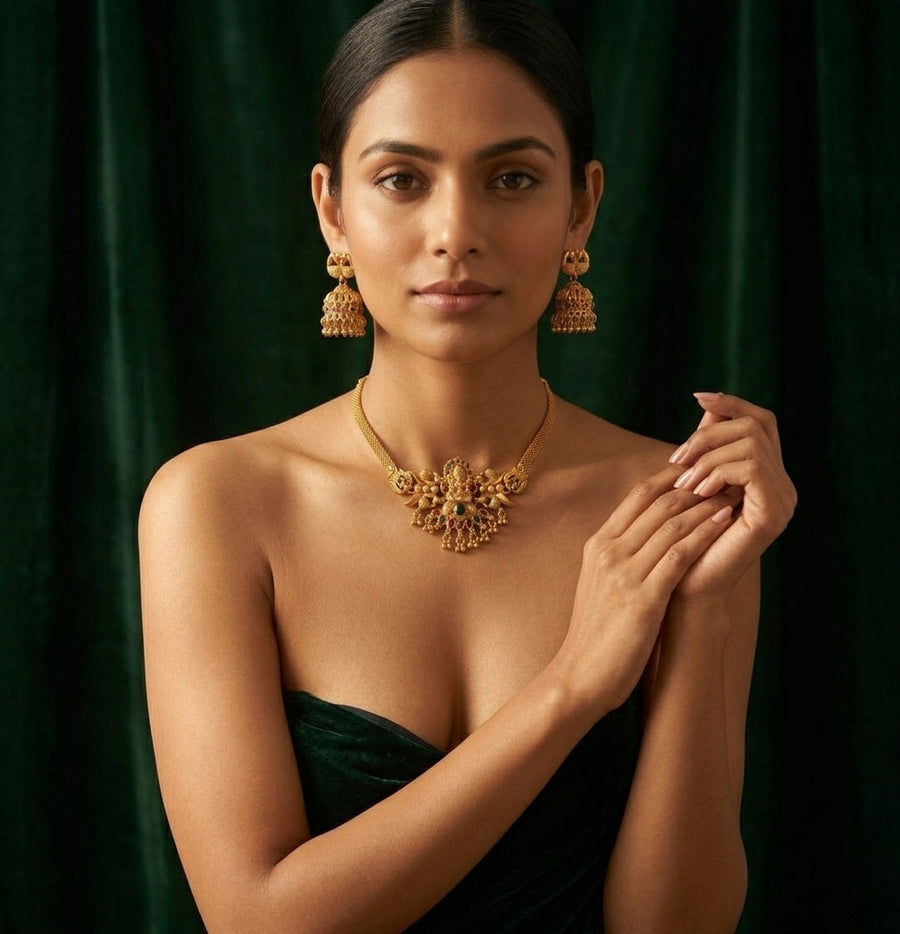 Gold Plated Indo-western Design Necklace With Jhumka
