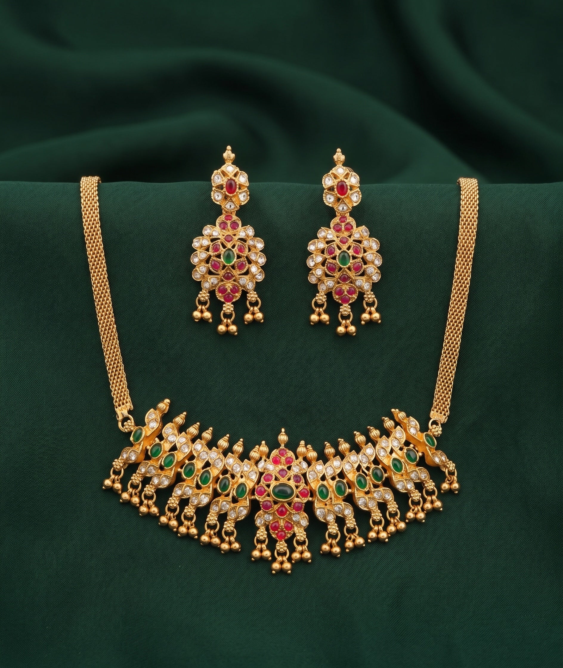 Gold Plated Kundan Beaded Choker Necklace With Earrings