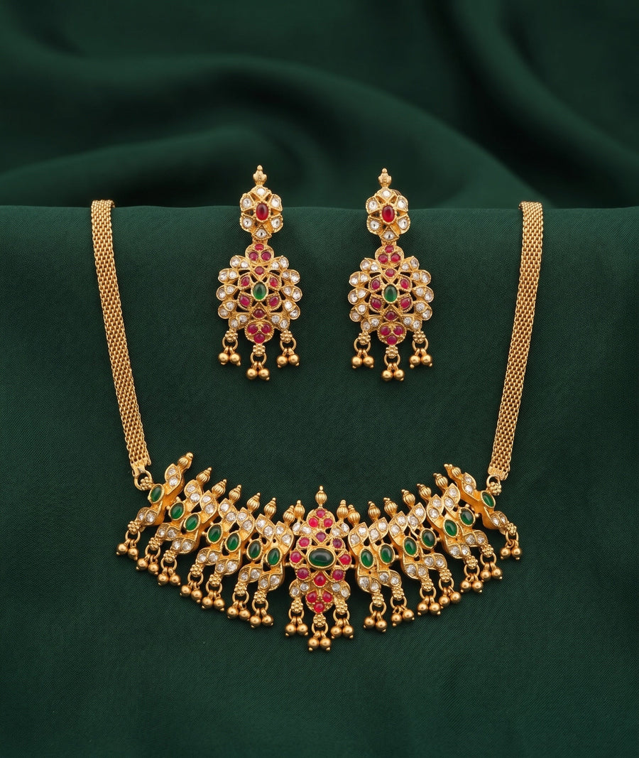 Gold Plated Kundan Beaded Choker Necklace With Earrings