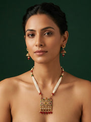 Gold-Toned Pearl Layered Necklace Set with Matching Earrings for Women
