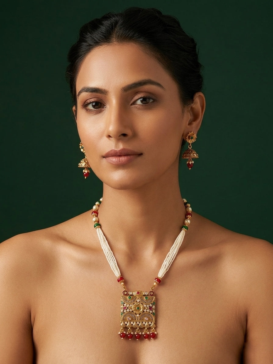 Gold-Toned Pearl Layered Necklace Set with Matching Earrings for Women
