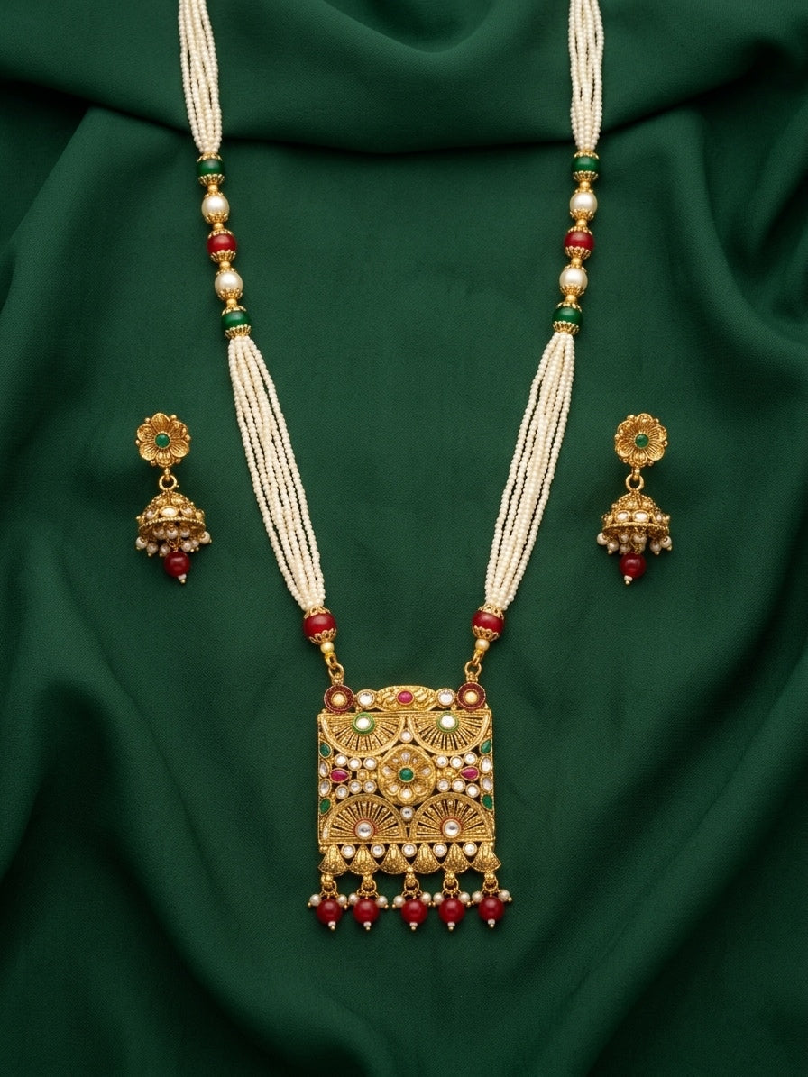 Gold-Toned Pearl Layered Necklace Set with Matching Earrings for Women