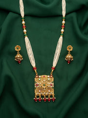 Gold-Toned Pearl Layered Necklace Set with Matching Earrings for Women