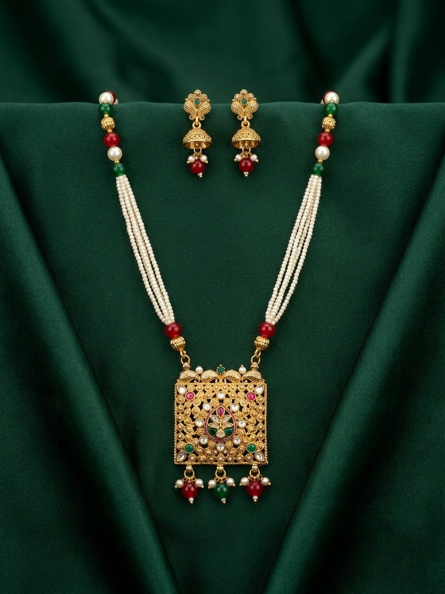 Gold-Toned Pearl Layered Necklace Set with Matching Earrings for Women