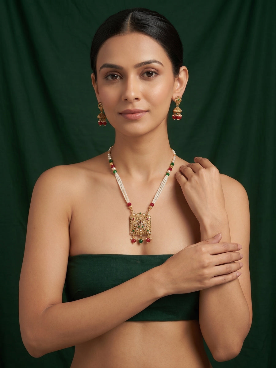 Gold-Toned Pearl Layered Necklace Set with Matching Earrings for Women