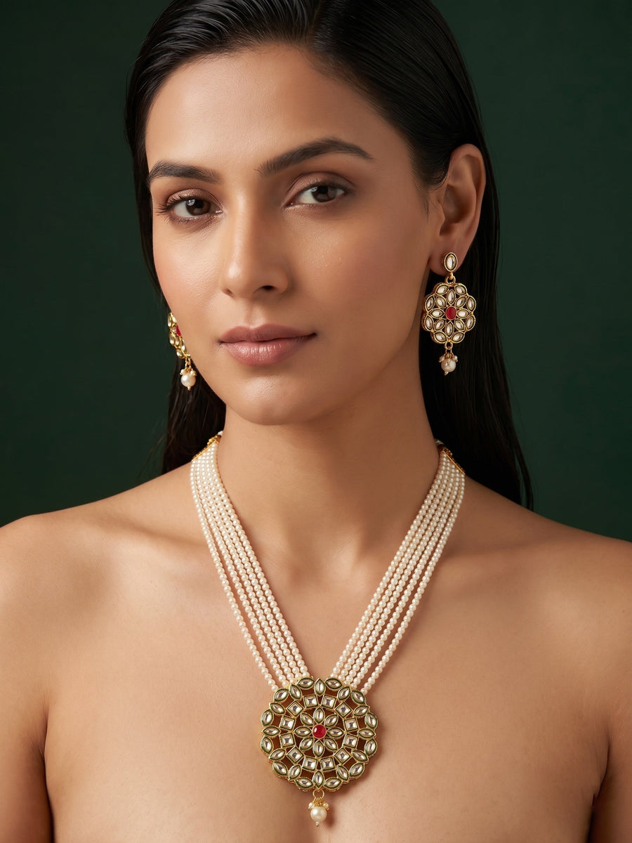 Gold-Toned Pearl Layered Kundan Necklace Set with Matching Earrings for Women