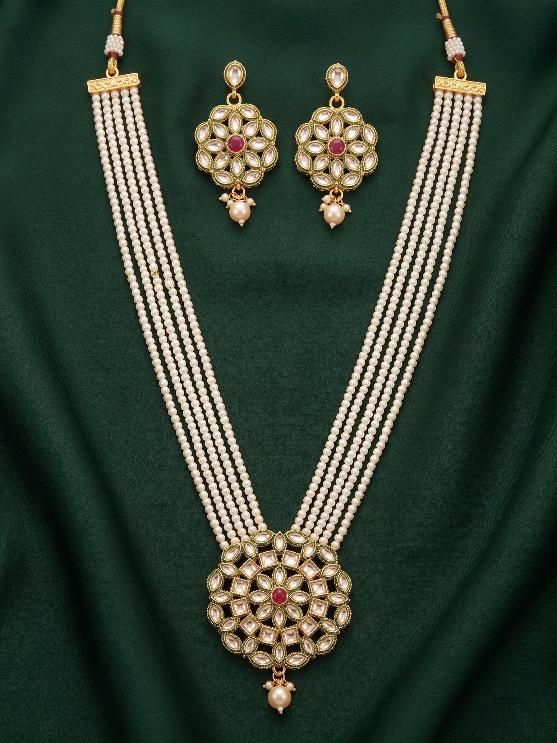 Gold-Toned Pearl Layered Kundan Necklace Set with Matching Earrings for Women
