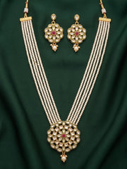 Gold-Toned Pearl Layered Kundan Necklace Set with Matching Earrings for Women