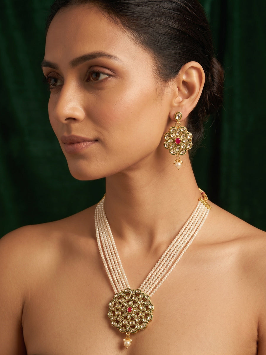 Gold-Toned Pearl Layered Kundan Necklace Set with Matching Earrings for Women