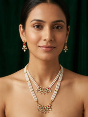Gold-Toned Pearl Layered Necklace Set with Matching Earrings for Women