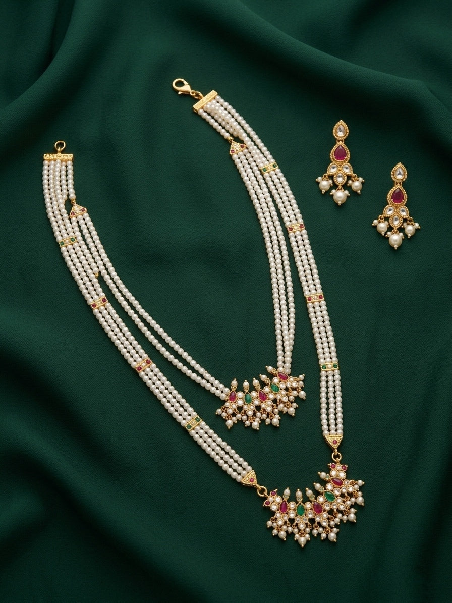 Gold-Toned Pearl Layered Necklace Set with Matching Earrings for Women