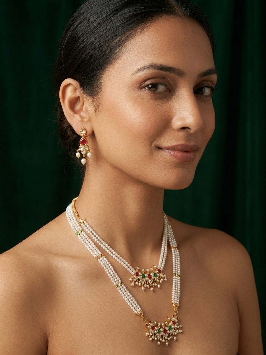 Gold-Toned Pearl Layered Necklace Set with Matching Earrings for Women