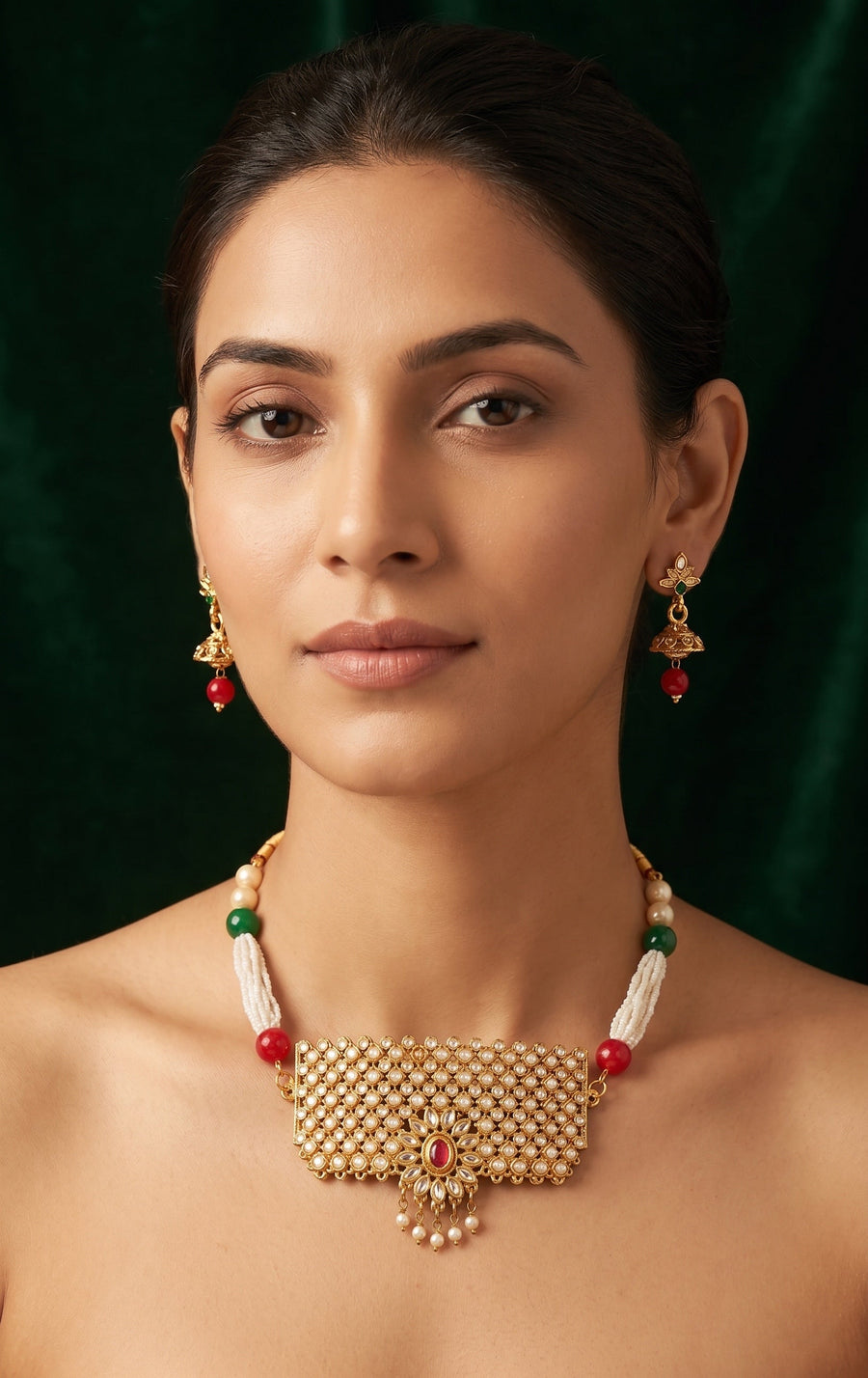 Gold Plated Kundan Beaded Rajwadi Necklace With Earrings