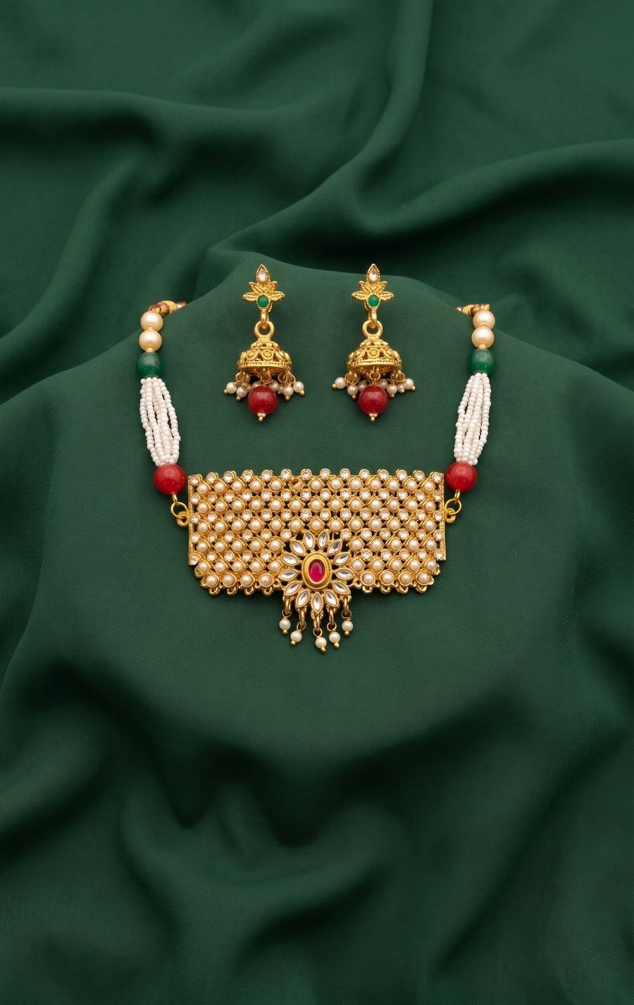 Gold Plated Kundan Beaded Rajwadi Necklace With Earrings