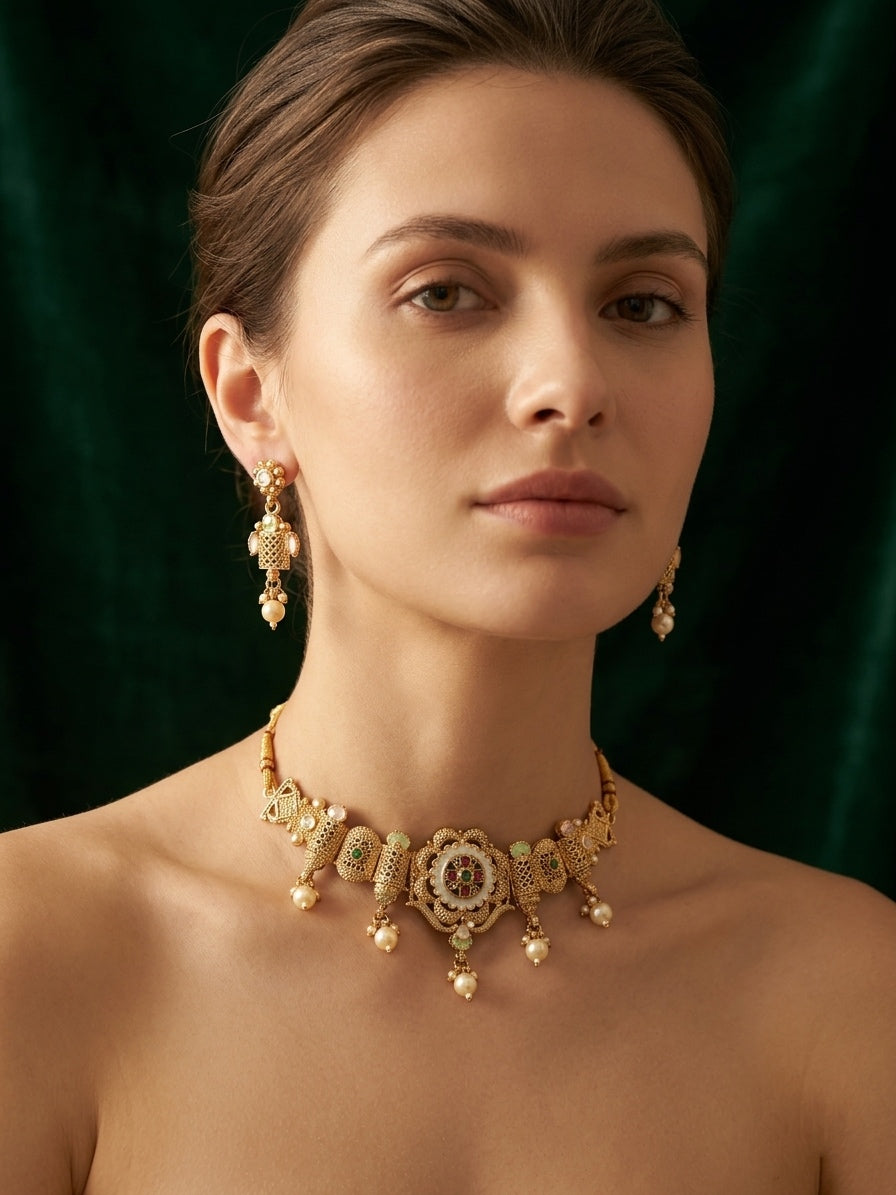 Gold Plated Treditional Choker Necklace & Earrings