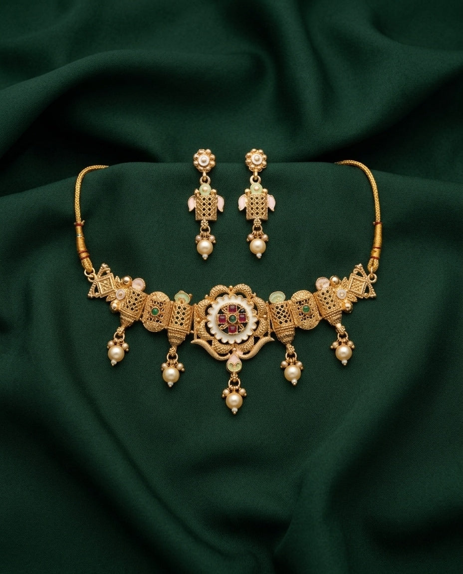 Gold Plated Treditional Choker Necklace & Earrings