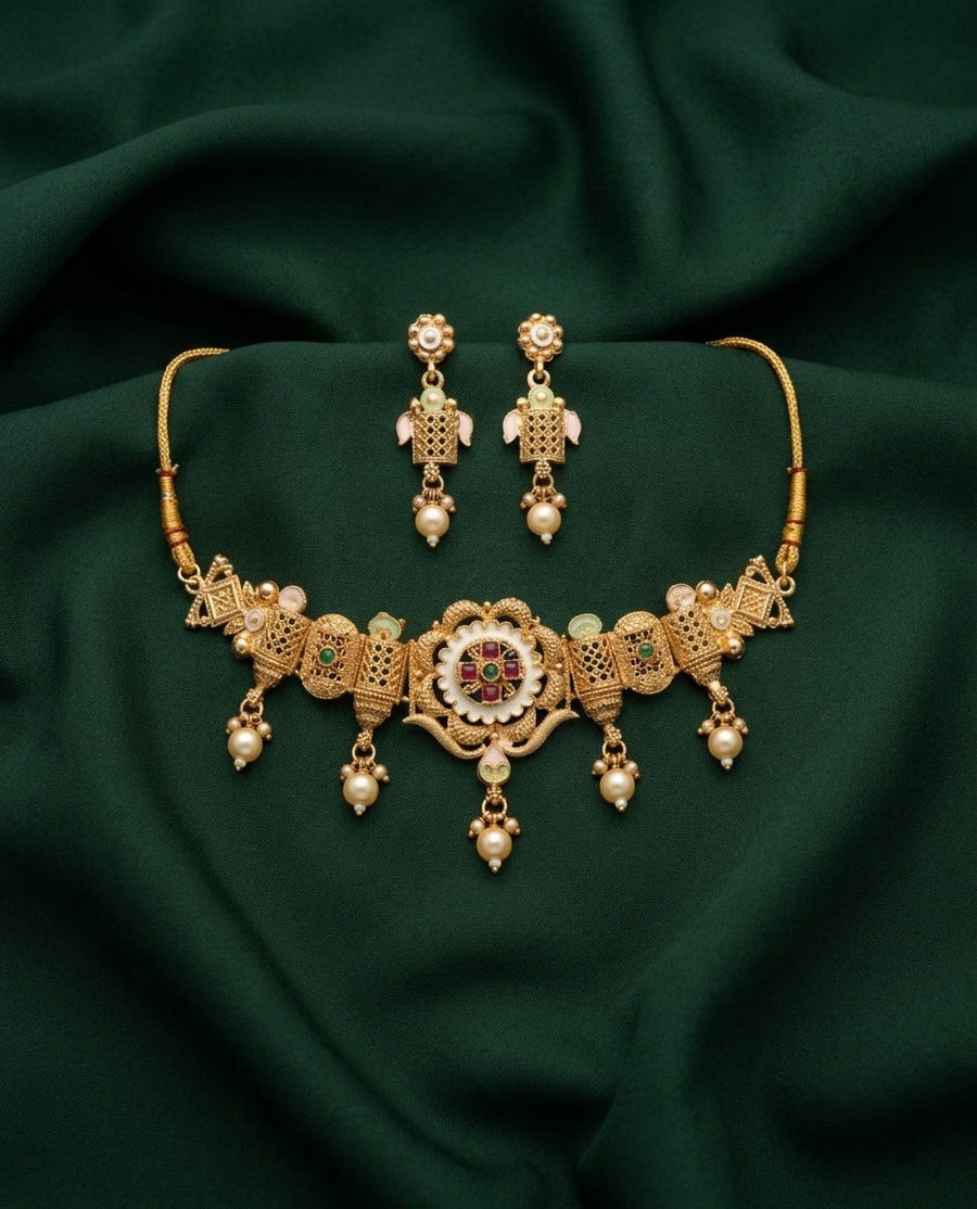Gold Plated Treditional Choker Necklace & Earrings