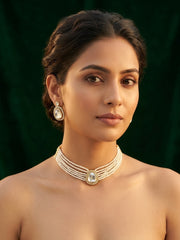 Gold-Toned Pearl Layered Necklace Set with Matching Earrings for Women
