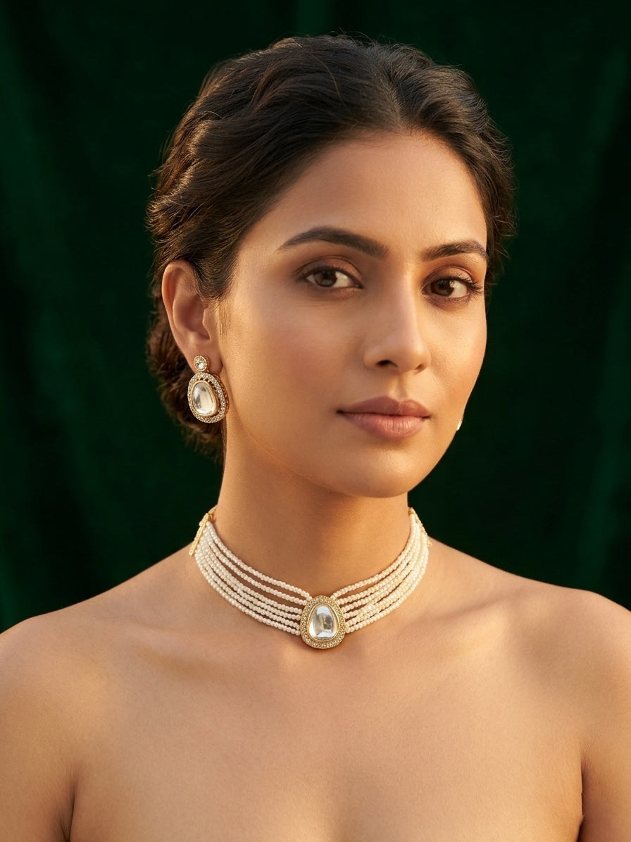 Gold-Toned Pearl Layered Necklace Set with Matching Earrings for Women