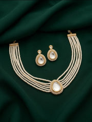 Gold-Toned Pearl Layered Necklace Set with Matching Earrings for Women